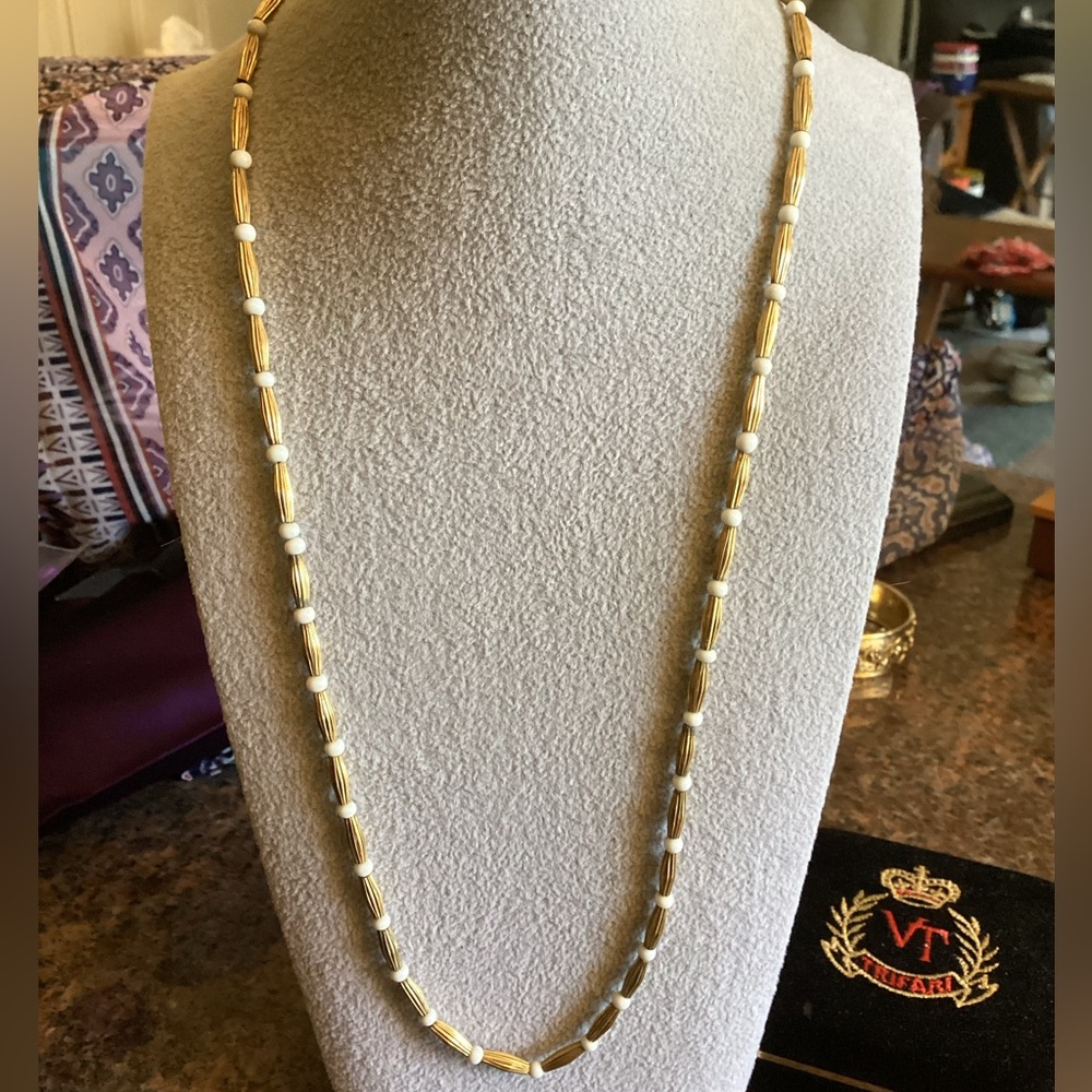 Vintage Gold Necklace with White Stone Beads